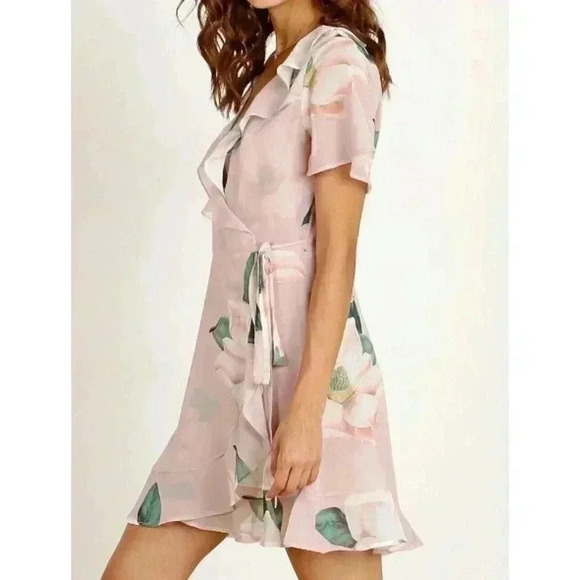 SHOW ME YOUR MUMU Floral Winnie Wrap Dress Pink Ruffle Mini Sz Medium - Picture 1 of 8